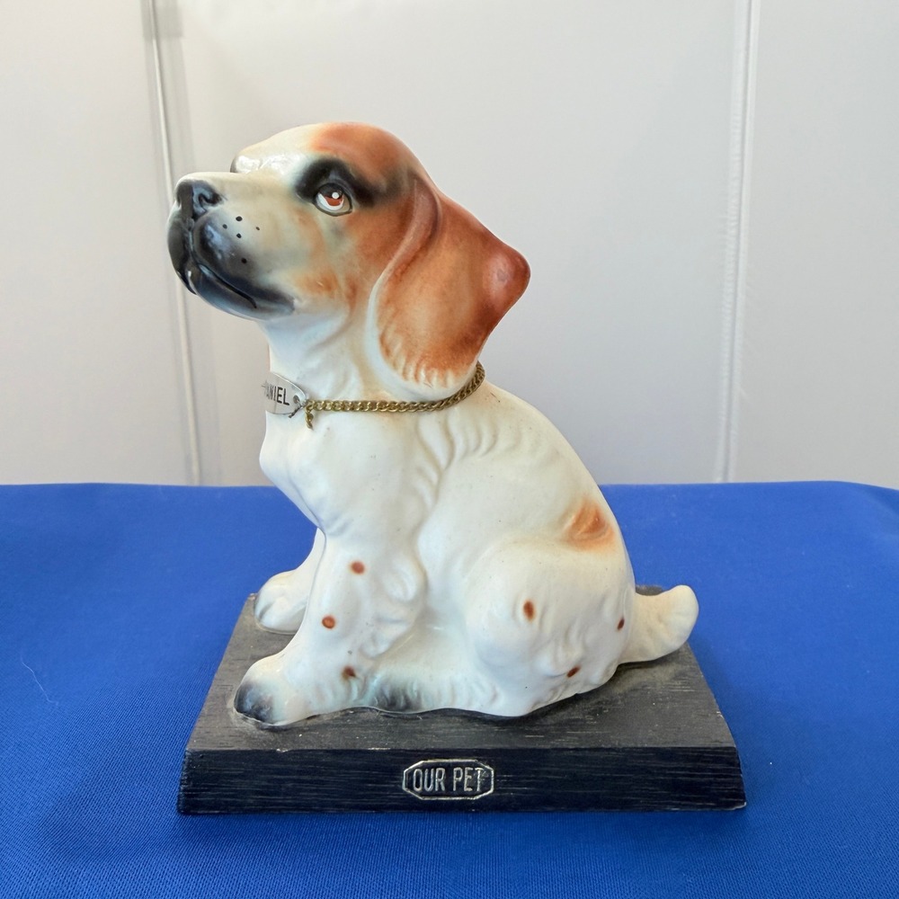 Vintage Spaniel Hound Dog Figurine‎ Ceramic Our Pet Statue Wood Base Brown White